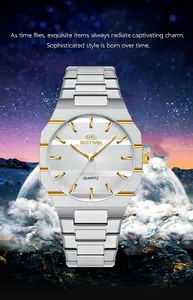 Elegant BESTWIN men's quartz business watch featuring a textured white dial and gold accents