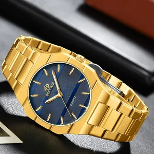 Premium Bestwin business quartz watch for men featuring a gold stainless steel band and blue dial