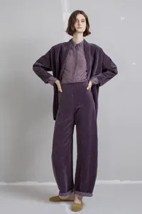 Chic purple velvet collarless jacket with matching wide-leg trousers for women set