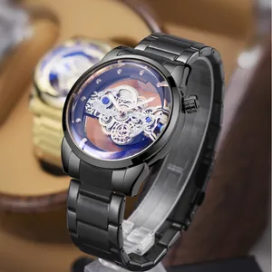 Fashionable black skeleton quartz watch for men with luminous hands and mineral glass