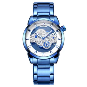 Blue stainless steel skeletal men's watch with luminous hands and mineral glass