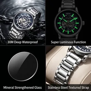 Montre squelette automatique haut de gamme pour homme étanche 30m avec aiguilles lumineuses