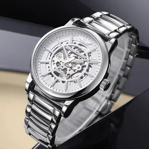 Montre mécanique automatique squelette argentée de luxe pour homme avec bracelet en acier