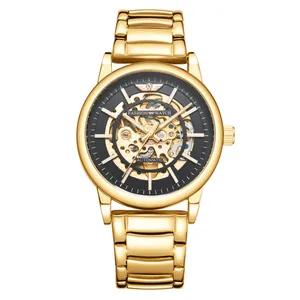 Montre automatique squelette dorée de luxe pour homme avec élégant bracelet métallique
