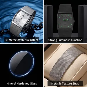 Quadratische ultradünne Herren-Quarzuhr mit Edelstahl-Mesh-Armband und heller Leuchtanzeige