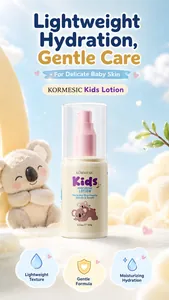 Detail shot of KORMESIC kids moisturizing lotion with cute koala plush on soft cloud background