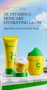 Detailed view of KORMESIC 5X Vitamin C skincare set including cleanser, cream, and sunscreen.