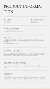 Detailed KORMESIC HD liquid matte foundation product information and usage guide.