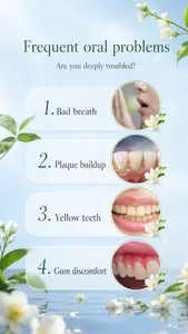 Detalle de problemas bucales como mal aliento, placa, dientes amarillos y molestias encías.