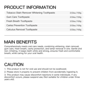 Información detallada y precauciones de uso para varias pastas dentales de cuidado.