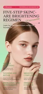 Model showcasing the five-step KORMESIC Watermelon Niacinamide skincare regimen results