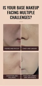 Close-up showing common liquid foundation issues like cakey skin and oxidation.