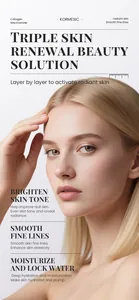 Détails des soins visage KORMESIC avec un gros plan de mannequin pour une peau éclatante