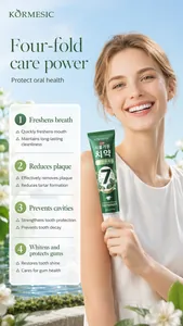 Detalle infográfico que muestra cuatro beneficios del dentífrico KORMESIC Mint Shine