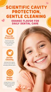 Detalle de pasta dental infantil de naranja para protección contra caries y limpieza.