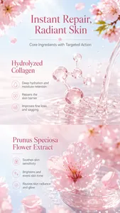Detail of cherry blossom cream showing hydrolyzed collagen and skin repair benefits.
