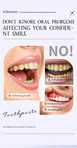 Vista detallada de dientes amarillentos y placa que resalta el dentífrico de niacinamida KORMESIC