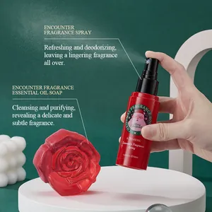 Détail du brouillard de spray parfumé de Noël et du savon à l'huile de rose rouge