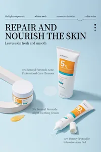 Detail of KORMESIC Benzoyl Peroxide skincare set including cleanser cream and gel