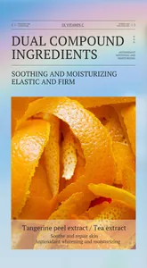 Close-up detail of 5X Vitamin C facial skincare ingredients with tangerine peel and tea extracts