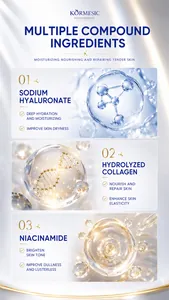 Macro view of three main active ingredients: sodium hyaluronate, collagen, and niacinamide