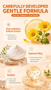 Detalle de ingredientes de pasta de dientes infantil con fórmula suave de sílice y sorbitol