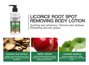 Detailoverzicht van Licorice Root bodylotion met Alpha-Arbutine en Centella Asiatica.