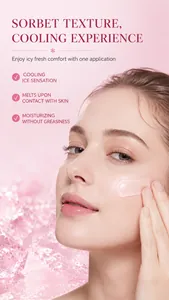 Macro view of sorbet texture face cream being applied to skin for cooling hydration