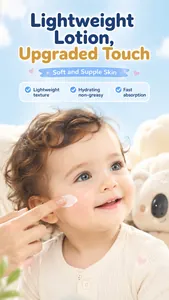 Detailed view of lightweight hydrating baby lotion being applied to a child's soft skin
