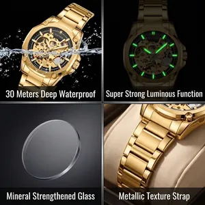 Montre mécanique automatique squelette dorée Bestwin pour homme avec étanchéité 30m