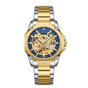 Montre automatique Bestwin pour homme avec cadran squelette en acier or et argent