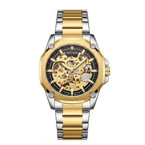 Reloj Mecánico Automático Bestwin Skeleton para Hombre en Acero Oro y Plata Lujo