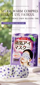 Lavender steam eye mask detail showing packaging and floral pattern mask texture.