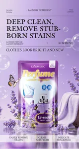 Detail view of Kormesic lavender perfume laundry detergent pouch with purple floral design.
