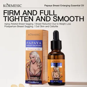 Dettaglio dell'olio essenziale di papaya KORMESIC per il seno con flacone e astuccio