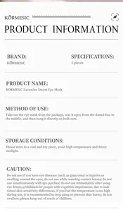 Detailed product information and usage instructions for KORMESIC Lavender Steam Eye Mask