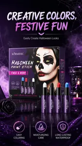 Halloween Gesichts- und Körperfarbstifte von KORMESIC in vier Farben mit Gothic-Box-Design.