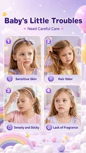 Infografica con problemi di pelle e capelli del bambino per la cura con colonia
