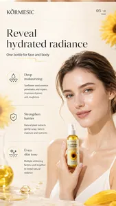 Dettaglio dell'olio di bellezza al girasole KORMESIC per una pelle idratata e luminosa