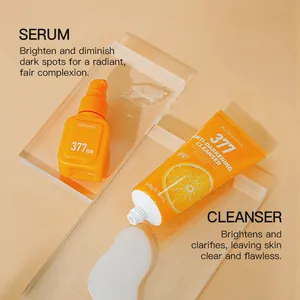 Macro view of KORMESIC 377 serum and brightening cleanser on clear acrylic blocks
