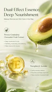 Close-up detail of avocado and Vitamin E ingredients for nourishing makeup remover.