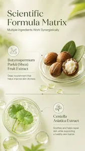 Detail of Shea and Centella Asiatica extracts for skin repair and nourishment