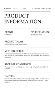 Detailed product information and usage instructions for KORMESIC Varicose Veins Cream