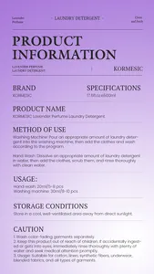 Detailed product specifications and usage instructions for KORMESIC lavender detergent.