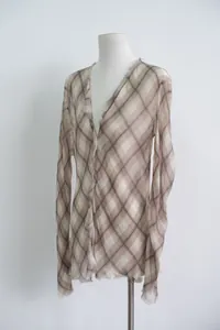 French style brown plaid sheer long sleeve cardigan with frayed edges