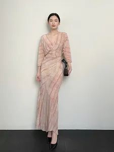 Dames Elegante Bedrukte Zijden Maxi Jurk V-hals Wikkelstijl Strikceintuur Slank Afkleed Cocktail Party Jurk Abstract Marmerpatroon Lange Mouwen