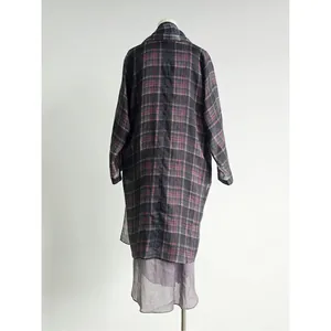 Detailed back view of lightweight purple plaid sheer oversized sun protection jacket