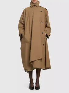 Gabardina Larga con Solapa para Mujer Botones Asimétricos Algodón Orgánico Tejido Ropa de Abrigo Casual Abrigo Minimalista