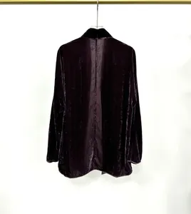 Premium deep purple velvet stand collar cardigan back view detail for autumn season.