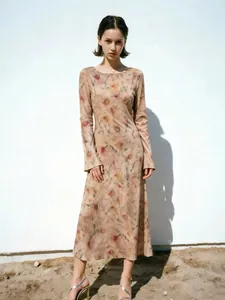 Vestido Maxi de Mujer 100% Seda Elegante Estampado Floral Acuarela Rosa Nube Manga Larga Cuello Redondo Cintura Recta Verano